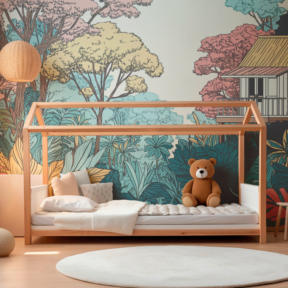 Tropical jungle house wallpaper creating imaginative play space with lush botanical details