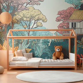 Tropical jungle house wallpaper creating imaginative play space with lush botanical details
