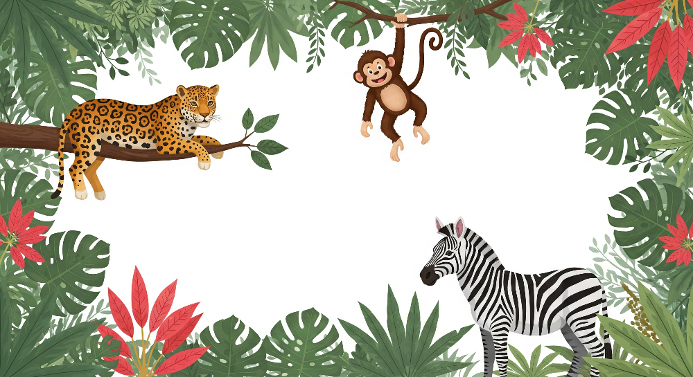 Kids-Mundo flat illustration of a leopard, monkey and zebra inside a leafy jungle border design