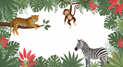 Kids-Mundo flat illustration of a leopard, monkey and zebra inside a leafy jungle border design