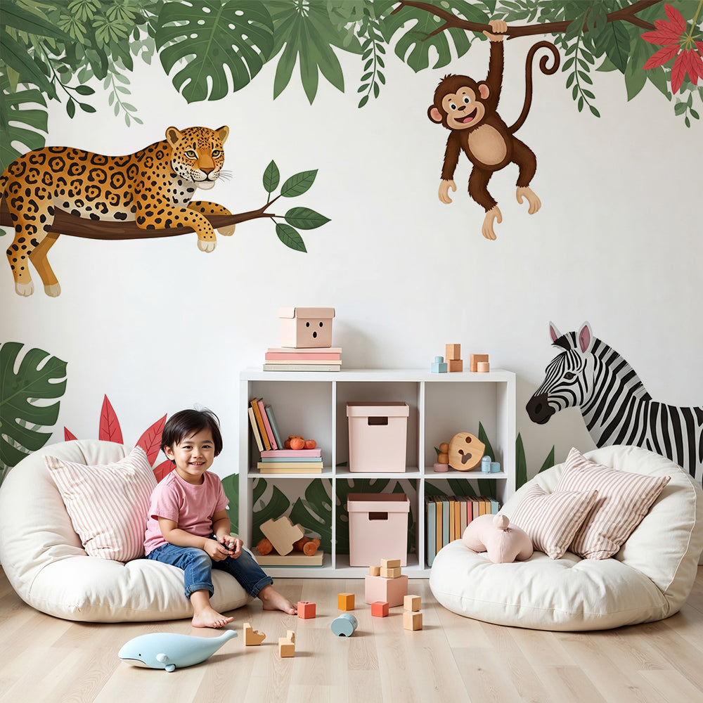 Kids-Mundo jungle animal wall mural with leopard, monkey and zebra shown in a nursery room
