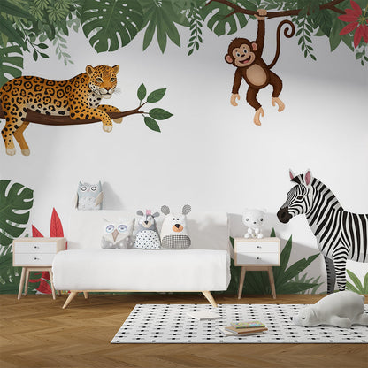 Kids-Mundo jungle wall mural with leopard, monkey and zebra shown in a bright playroom