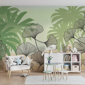 Botanical jungle wallpaper with soft green ginkgo leaves in cozy children's bedroom setting