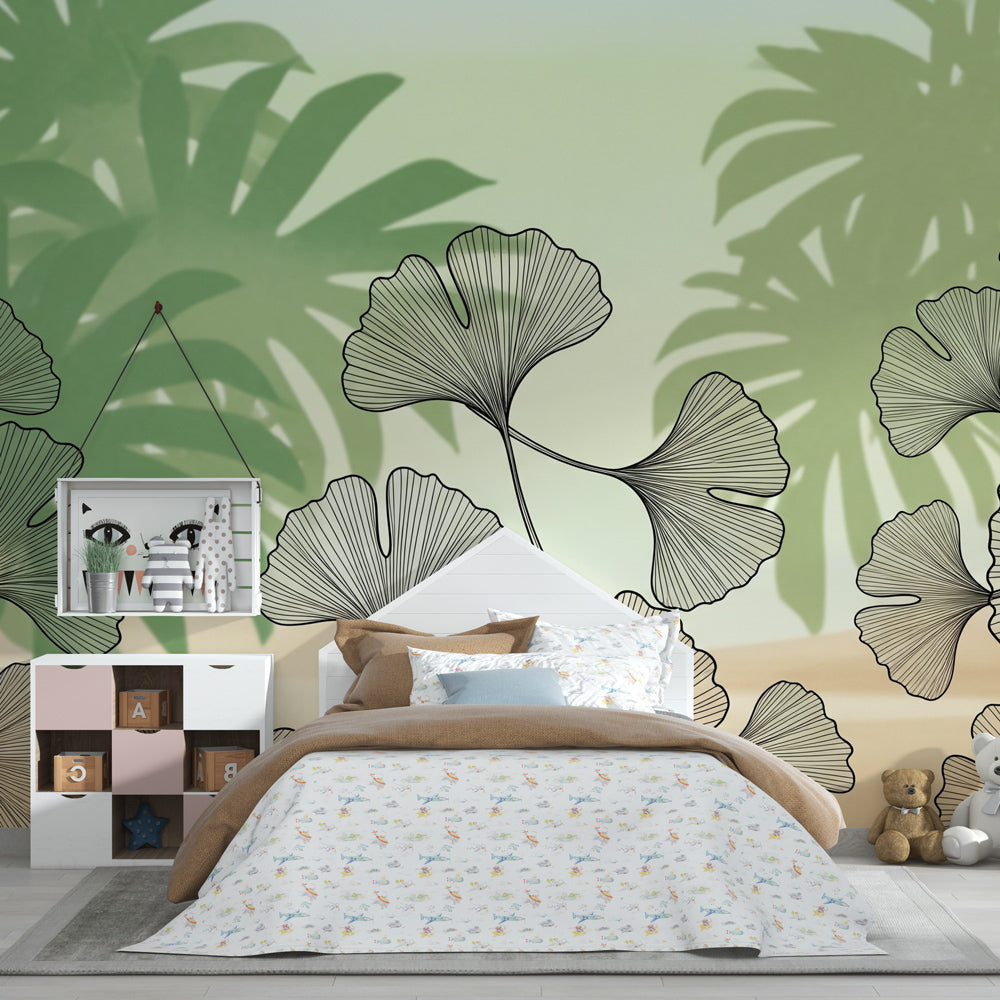 Nature-themed mural wallpaper featuring delicate leaves creating peaceful kids reading nook
