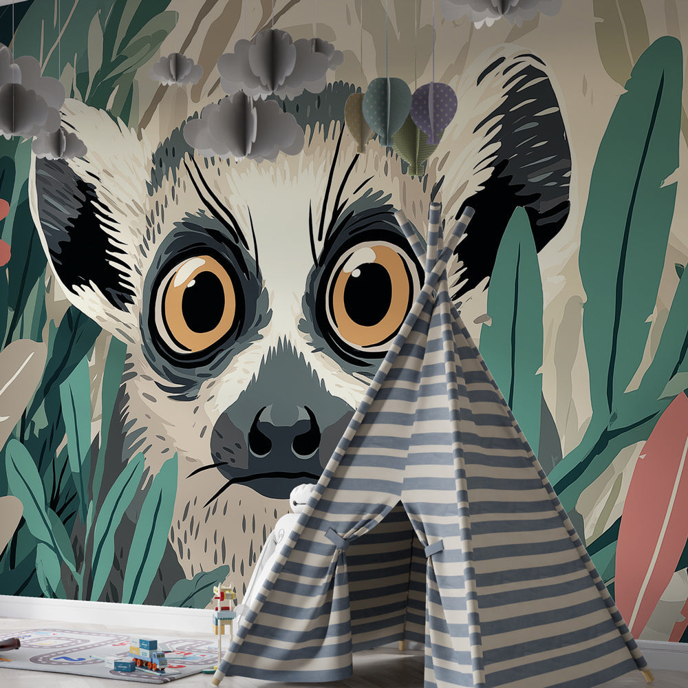 Tropical lemur wallpaper creating adventurous atmosphere in children's bedroom space