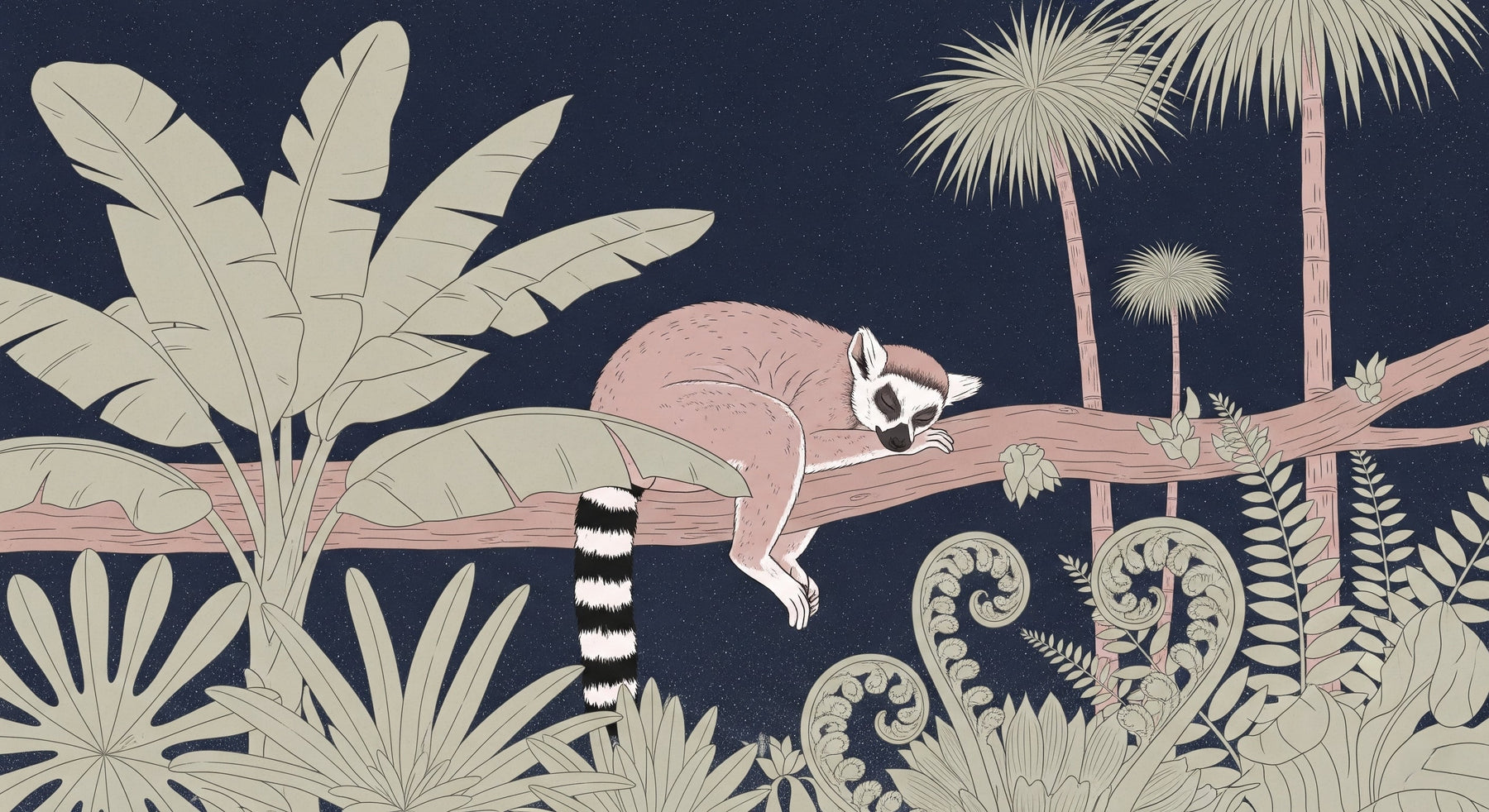 Detailed jungle lemur mural wallpaper design pattern showing sleeping animal and tropical foliage by Kids-Mundo