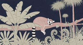 Detailed jungle lemur mural wallpaper design pattern showing sleeping animal and tropical foliage by Kids-Mundo