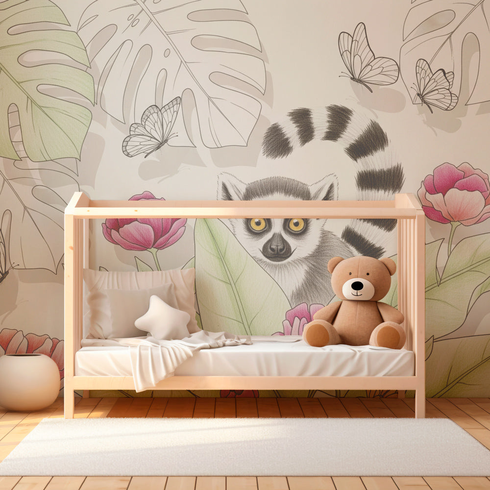 Tropical lemur wallpaper creating adventure-themed children's bedroom decor with pink flowers