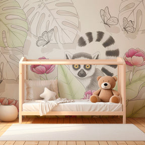 Tropical lemur wallpaper creating adventure-themed children's bedroom decor with pink flowers
