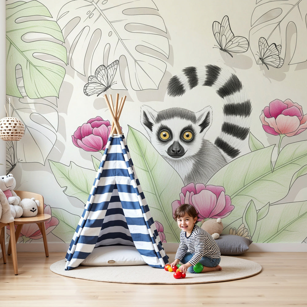 Jungle lemur mural wallpaper in bright nursery room with tropical floral design by Kids-Mundo