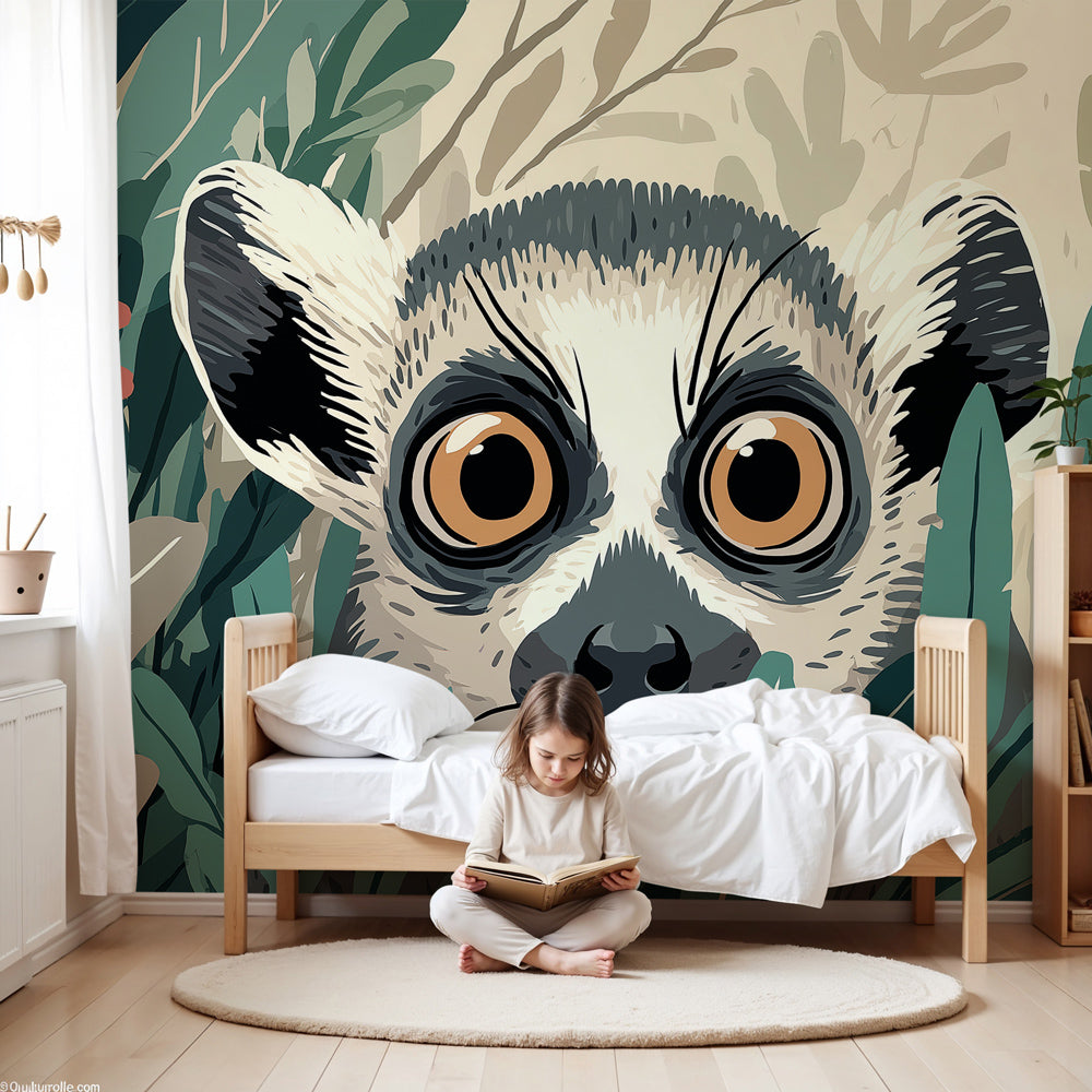 Jungle lemur mural wallpaper in modern nursery with natural wood furniture by Kids-Mundo