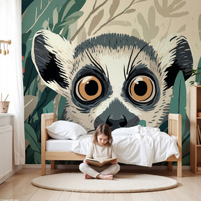 Jungle lemur mural wallpaper in modern nursery with natural wood furniture by Kids-Mundo