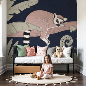 Jungle lemur mural wallpaper creating peaceful nursery atmosphere with tropical decor by Kids-Mundo