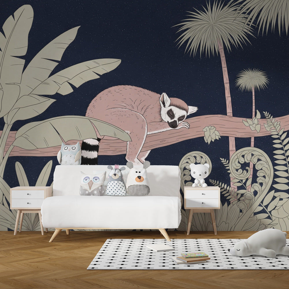 Tropical jungle wallpaper featuring sleeping lemur creating calming kids room environment