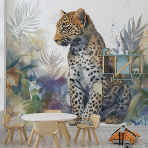 Majestic leopard wallpaper with tropical foliage transforming kids bedroom into jungle adventure