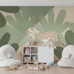 Safari leopard wallpaper with tropical foliage design in children's bedroom decor by Kids-Mundo