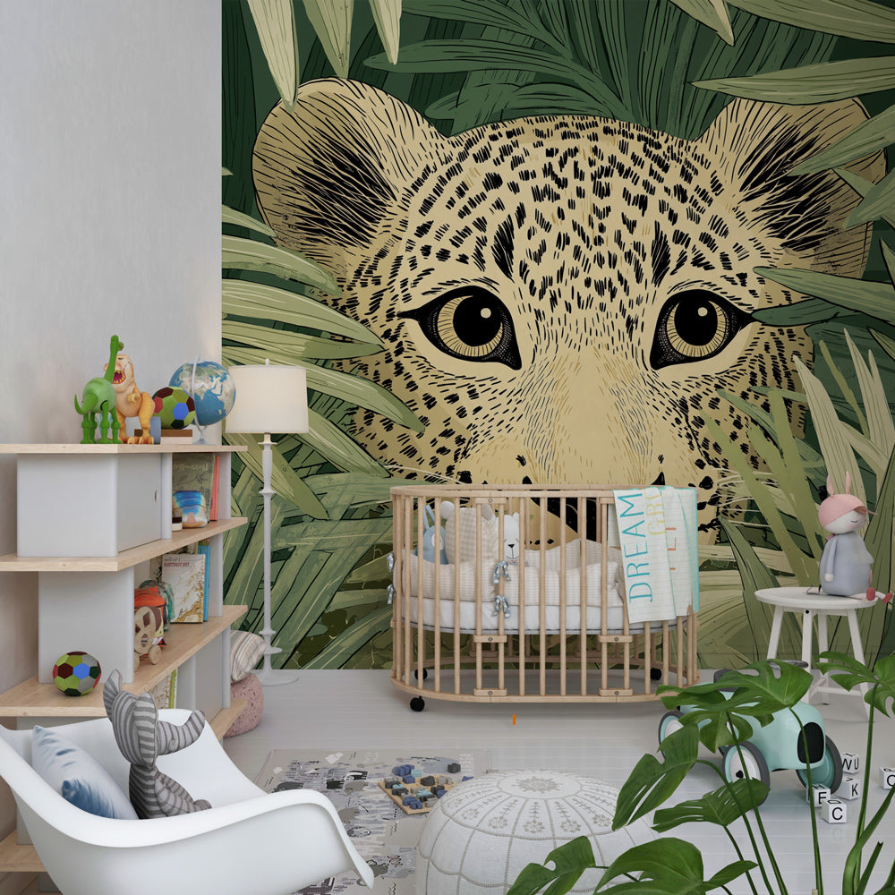 Hidden leopard wallpaper transforming kids bedroom into tropical jungle adventure space
