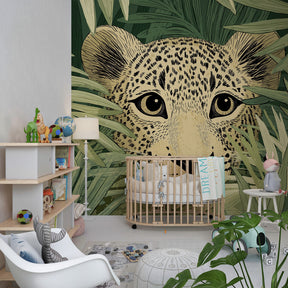 Hidden leopard wallpaper transforming kids bedroom into tropical jungle adventure space