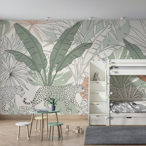 Tropical leopard wallpaper with lush foliage transforming children's bedroom into safari adventure