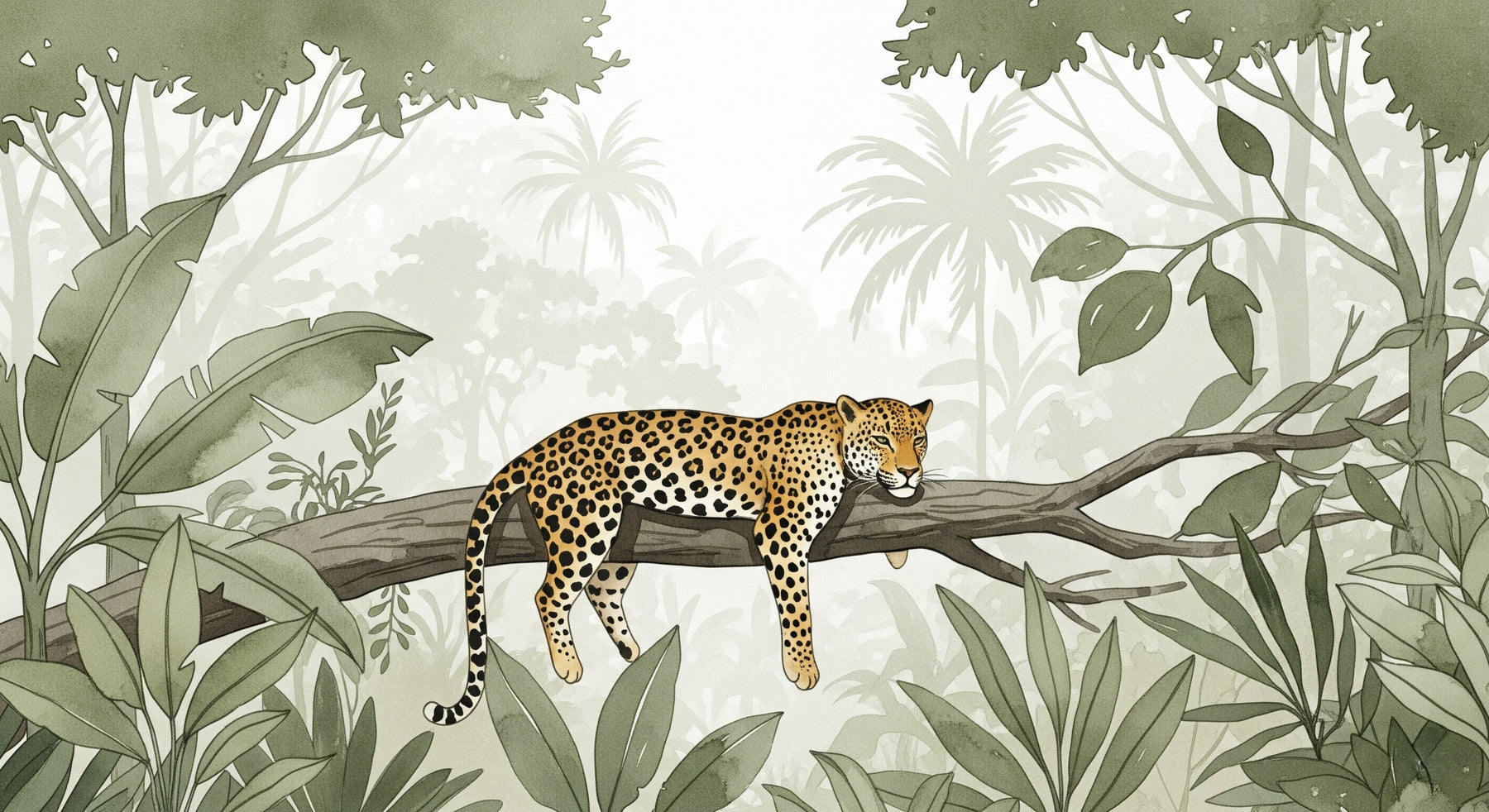 Detailed jungle leopard mural wallpaper design pattern showing peaceful leopard and tropical foliage by Kids-Mundo