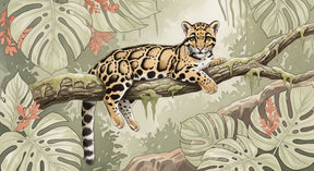 Detailed jungle leopard mural wallpaper design pattern with tropical foliage by Kids-Mundo