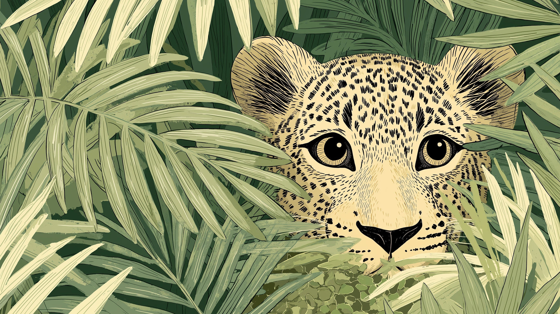 Detailed jungle leopard mural wallpaper design pattern with tropical foliage by Kids-Mundo