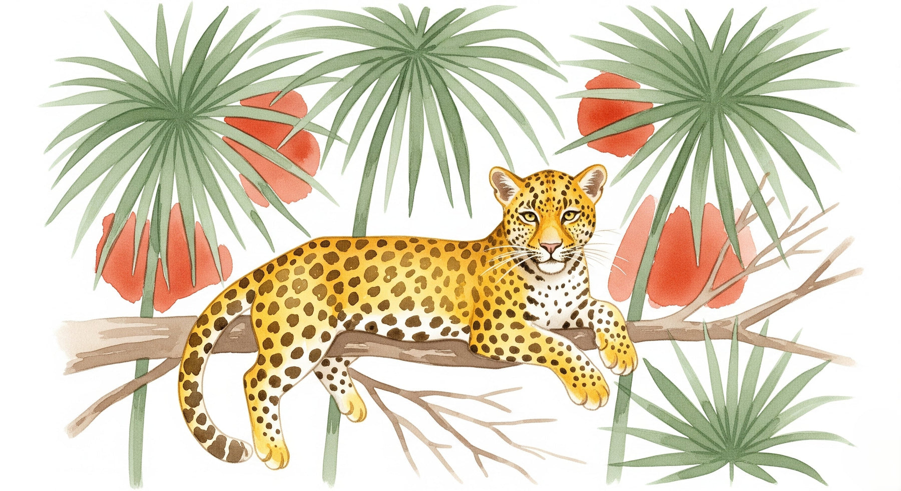 Detailed jungle leopard mural wallpaper design pattern showing tropical foliage by Kids-Mundo