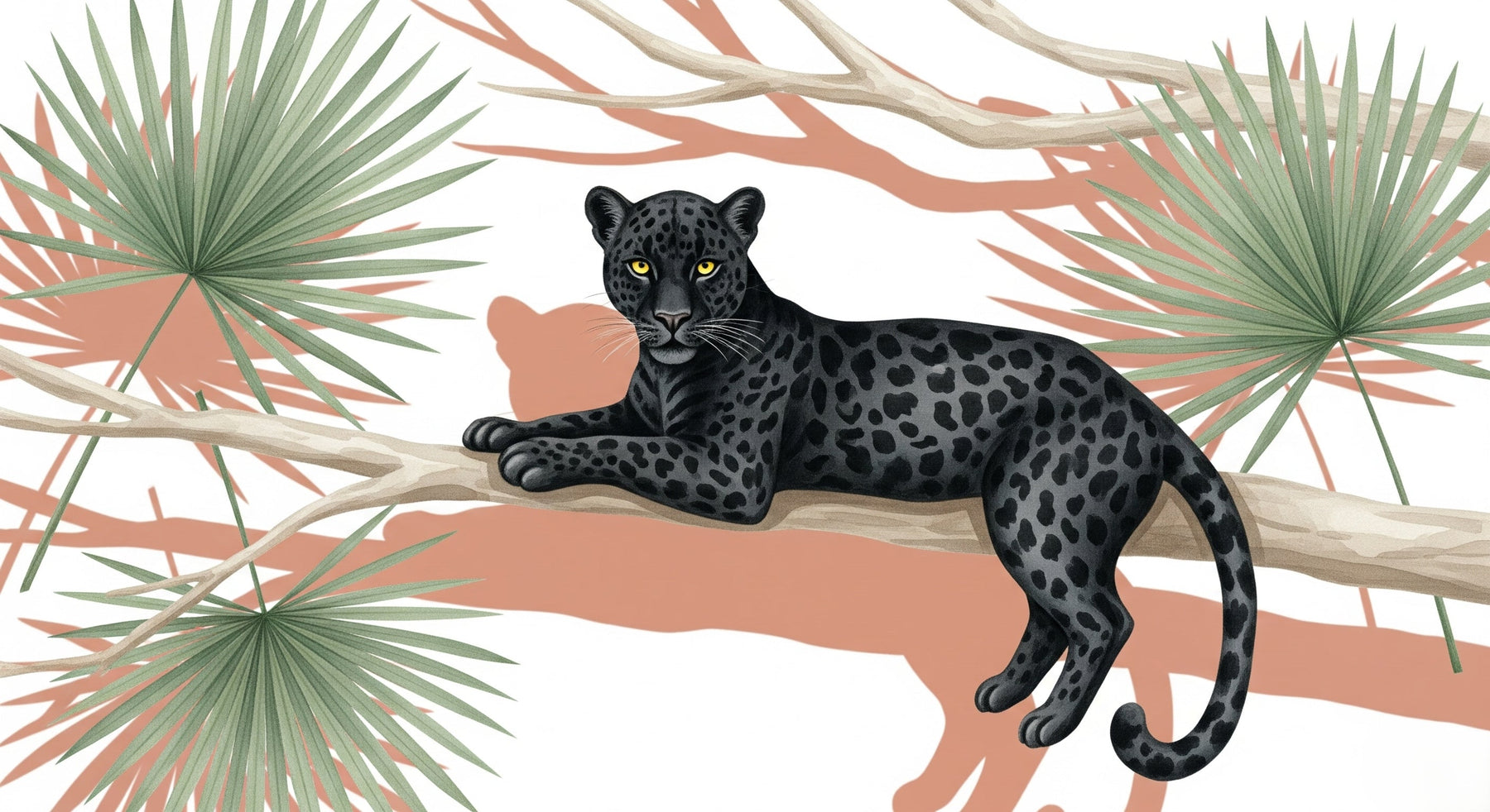 Detailed jungle leopard mural wallpaper design pattern showing spotted coat and palm foliage by Kids-Mundo