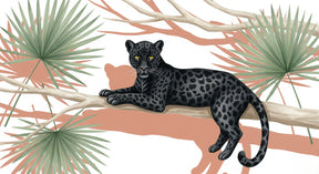 Detailed jungle leopard mural wallpaper design pattern showing spotted coat and palm foliage by Kids-Mundo