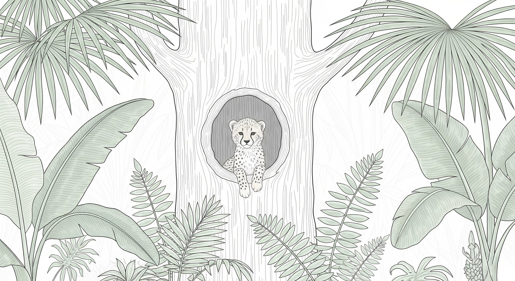 Detailed jungle leopard mural wallpaper design pattern showing baby leopard in tropical tree by Kids-Mundo