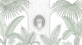 Detailed jungle leopard mural wallpaper design pattern showing baby leopard in tropical tree by Kids-Mundo