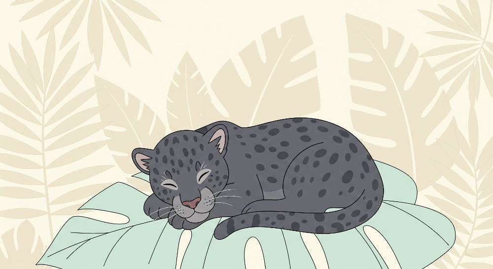 Detailed sleeping leopard mural wallpaper design pattern with tropical leaves by Kids-Mundo
