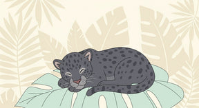 Detailed sleeping leopard mural wallpaper design pattern with tropical leaves by Kids-Mundo