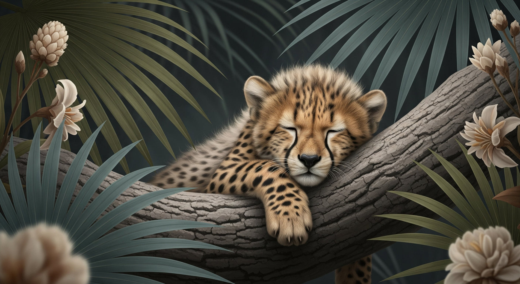 Detailed jungle leopard mural wallpaper design pattern showing peaceful cub and tropical foliage by Kids-Mundo