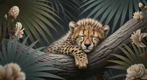 Detailed jungle leopard mural wallpaper design pattern showing peaceful cub and tropical foliage by Kids-Mundo