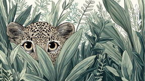 Detailed jungle leopard mural wallpaper design pattern with curious eyes and tropical leaves by Kids-Mundo