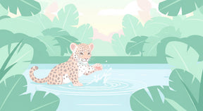 Detailed jungle leopard cub mural wallpaper design pattern with tropical foliage by Kids-Mundo