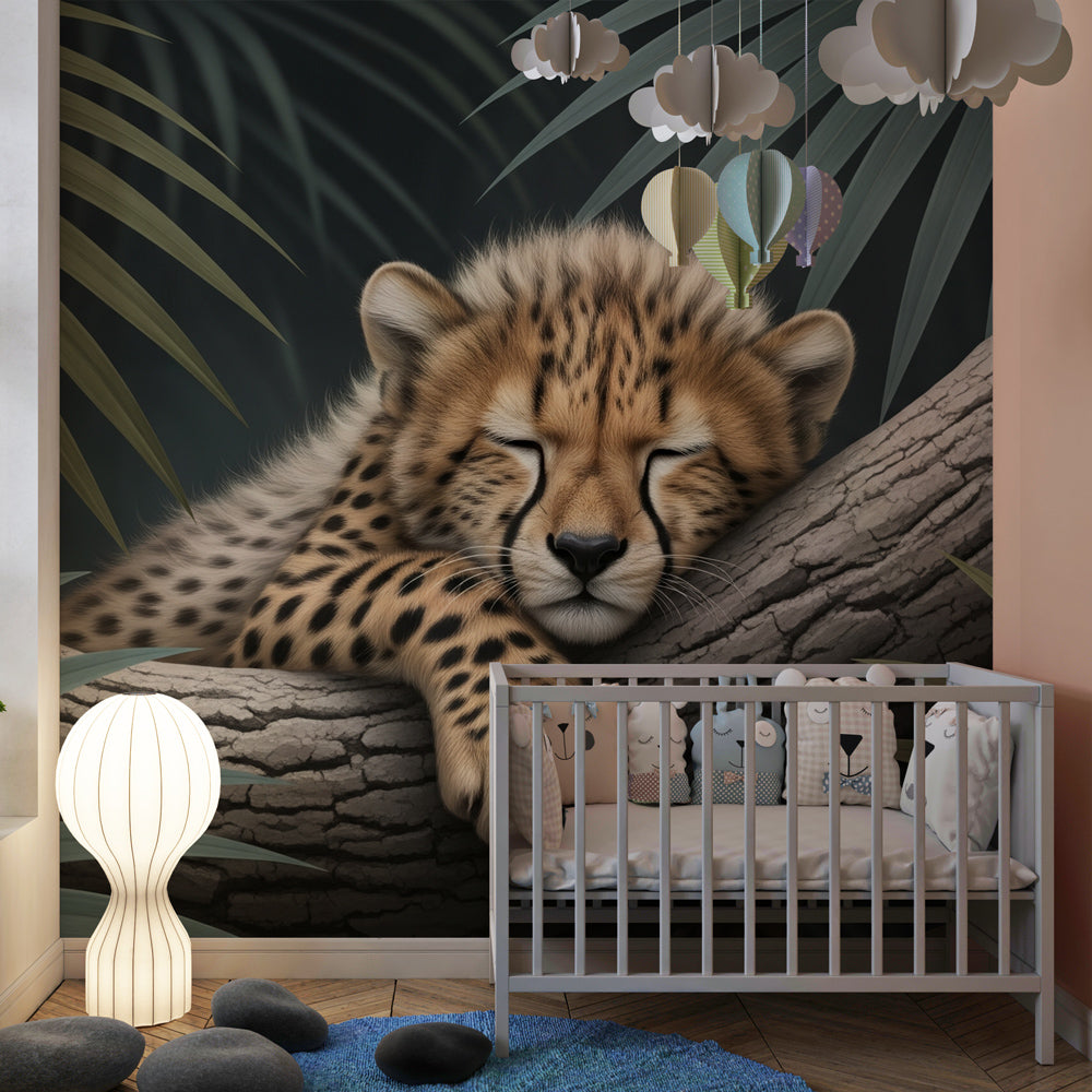 Peaceful leopard cub wallpaper transforming children's bedroom with lush jungle foliage design