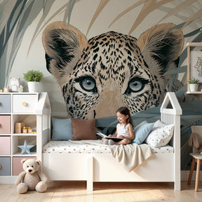 Jungle leopard mural wallpaper creating safari adventure atmosphere in modern nursery by Kids-Mundo