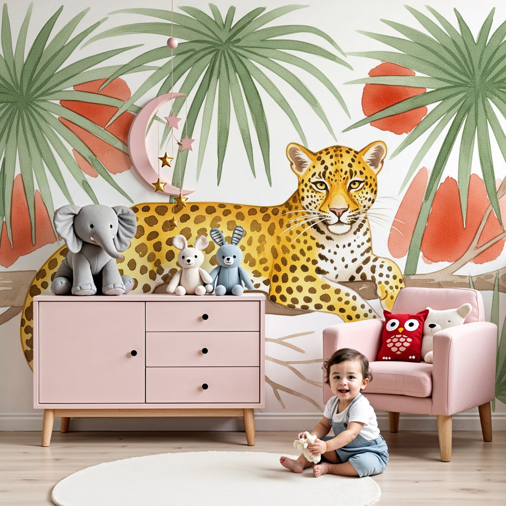Jungle leopard mural wallpaper creating safari adventure theme in modern kids nursery by Kids-Mundo