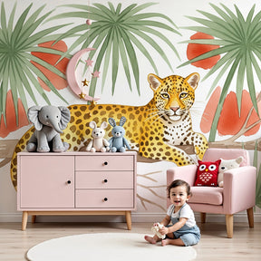 Jungle leopard mural wallpaper creating safari adventure theme in modern kids nursery by Kids-Mundo