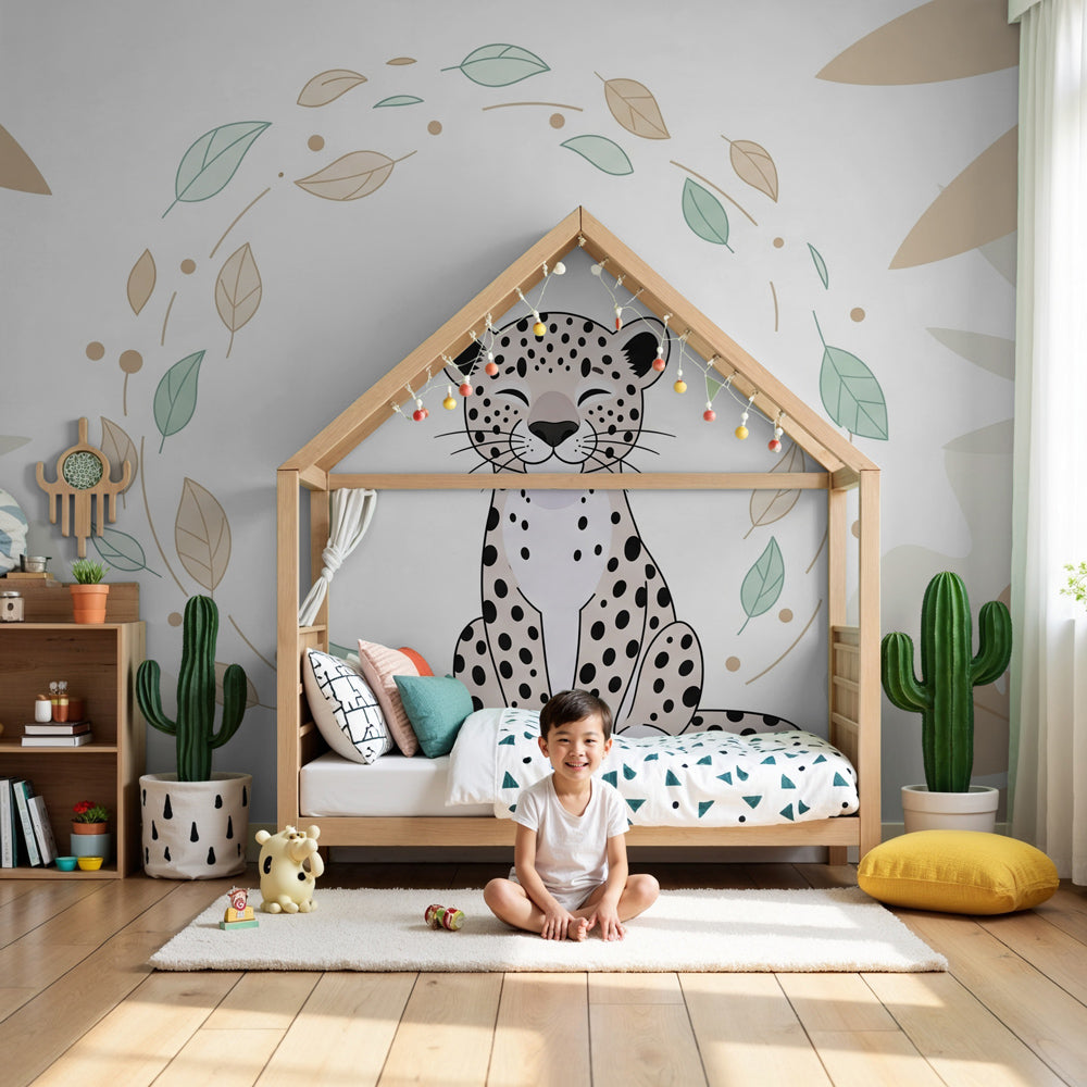 Jungle leopard mural wallpaper in modern nursery with natural wood crib by Kids-Mundo