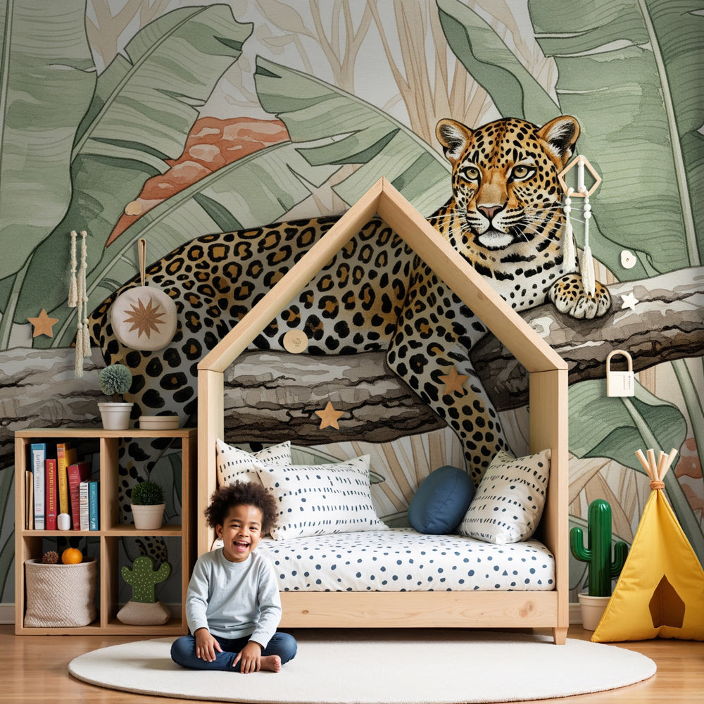 Jungle leopard mural wallpaper in modern nursery with natural wood furniture by Kids-Mundo