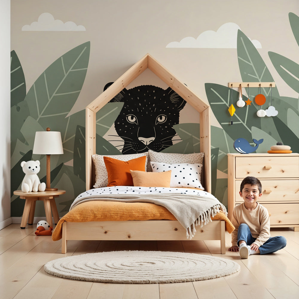 Jungle leopard mural wallpaper creating safari-themed nursery with tropical botanical design by Kids-Mundo