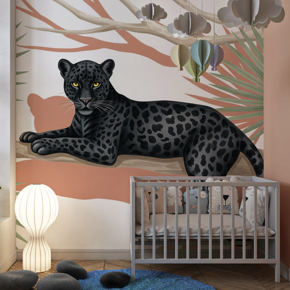 Majestic leopard wallpaper transforming nursery with tropical jungle theme and natural wood furniture