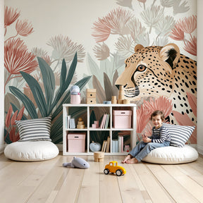 Jungle leopard mural wallpaper in modern nursery with natural wood furniture by Kids-Mundo