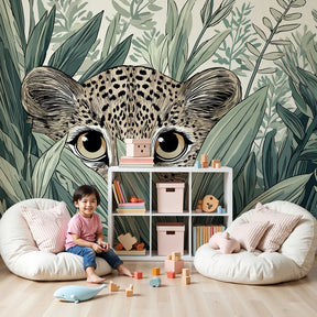 Jungle leopard mural wallpaper in modern nursery with natural wood furniture by Kids-Mundo