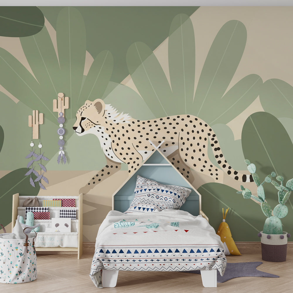 Exotic jungle leopard mural wallpaper transforming kids' playroom into wildlife sanctuary