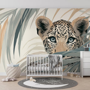 Tropical jungle mural wallpaper with leopard creating educational wildlife decor in children's playroom
