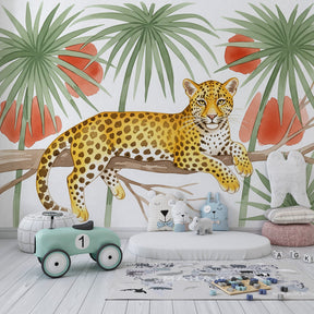 Safari-themed leopard mural wallpaper inspiring wildlife adventure in kids playroom setting
